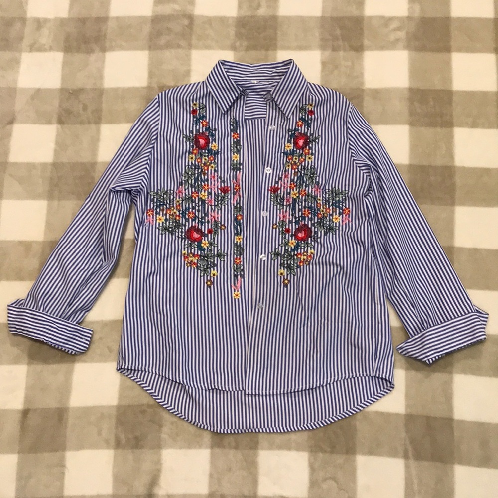 Striped Button-Down Embroidered Blouse